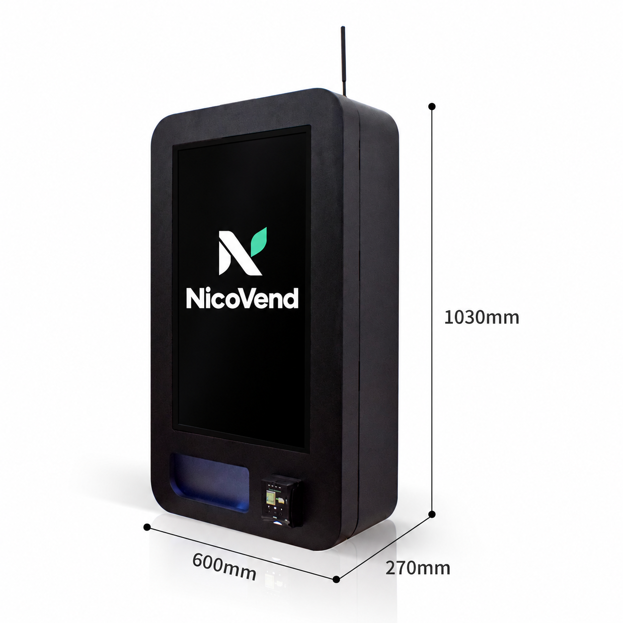 Mattsvart NicoVend-automat med måtten 1030 × 600 × 270 millimeter